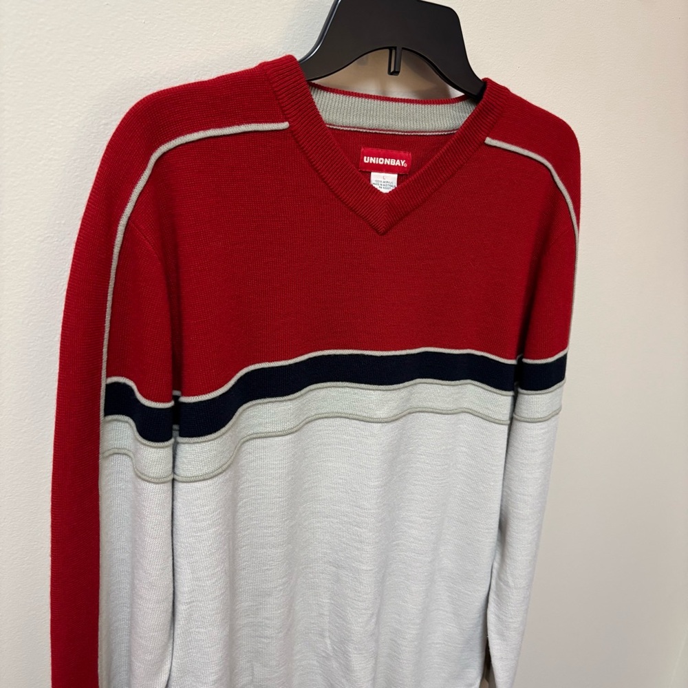 Vintage UnionBay Men White, Black & Red V-Neck Sweater Size L Y2K Preppy